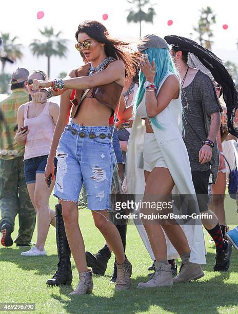 Kendall Jenner and Kylie Jenner are seen at Coachella Valley Music and Arts Festival at The Empire Polo Club on April 10, 2015 in Indio, California.