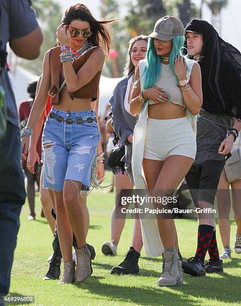 Kendall Jenner and Kylie Jenner are seen at Coachella Valley Music and Arts Festival at The Empire Polo Club on April 10, 2015 in Indio, California.