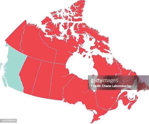 red map of canada with british columbia isolated in blue - british columbia map stock illustrations