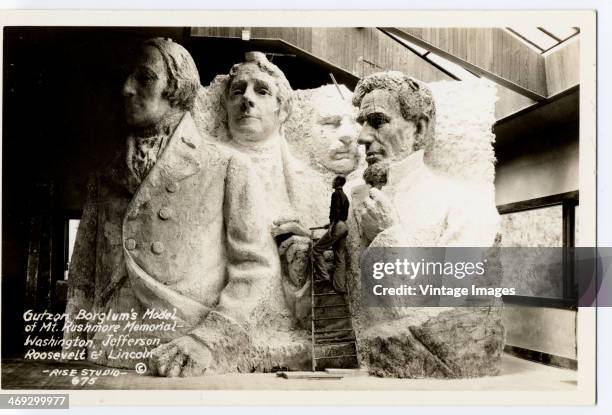 Sculptor Gutzon Borglum's scale model for the Mount Rushmore National Memorial in South Dakota, featuring US Presidents George Washington, Thomas...