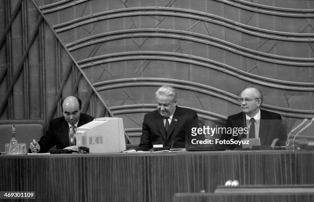 Russia, Moscow, 1990s: The third congress of People's Deputies of the USSR, 17 December 1990 year, Askar Akaev, Boris Yeltsin, Michael Gorbachev.