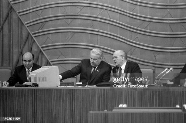 Russia, Moscow, 1990s: The third congress of People's Deputies of the USSR, 17 December 1990 year, Askar Akaev, Boris Yeltsin, Michael Gorbachev.