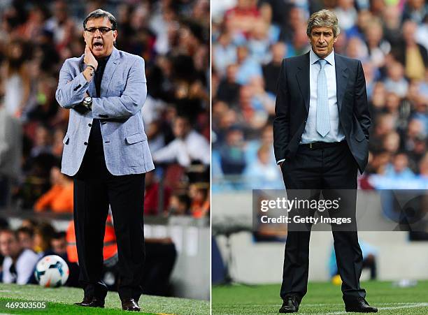 Image Numbers 180546404 and 178918536) In this composite image a comparison has been made between Head coach Gerardo Martino of FC Barcelona and...