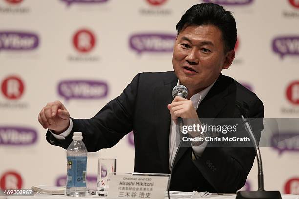 Hiroshi Mikitani, chairman and chief executive officer of Rakuten, Inc. Speaks during a press conference announcing the earning results for Q4 of...