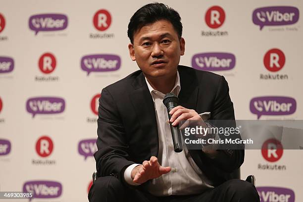 Hiroshi Mikitani, chairman and chief executive officer of Rakuten, Inc. Speaks during a press conference announcing the earning results for Q4 of...