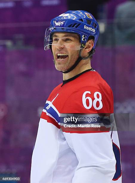 Jaromir Jagr of Czech Republic looks on after the game against Latvia during the Men's Ice Hockey Preliminary Round Group C game on day seven of the...