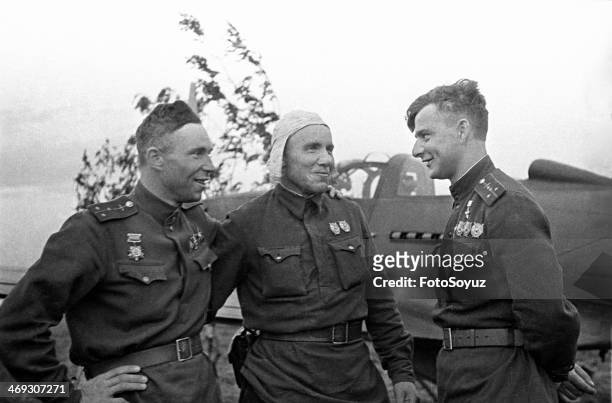 Soviet Republics, Ukraine, 1940s: Soviet fighter pilots brothers Boris and Dmitry Glinka .