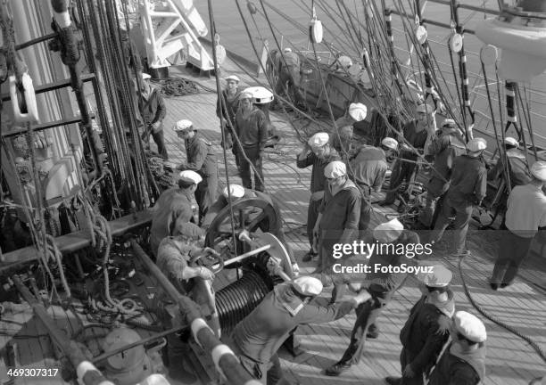 Soviet Republics, Ukraine, 1970s: Training ship 'Krusenstern', Sailing practice.