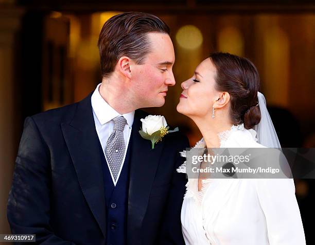George Galliers-Pratt and Arabella Musgrave leave St Paul's Church, Knightsbridge after their wedding on February 8, 2014 in London, England.
