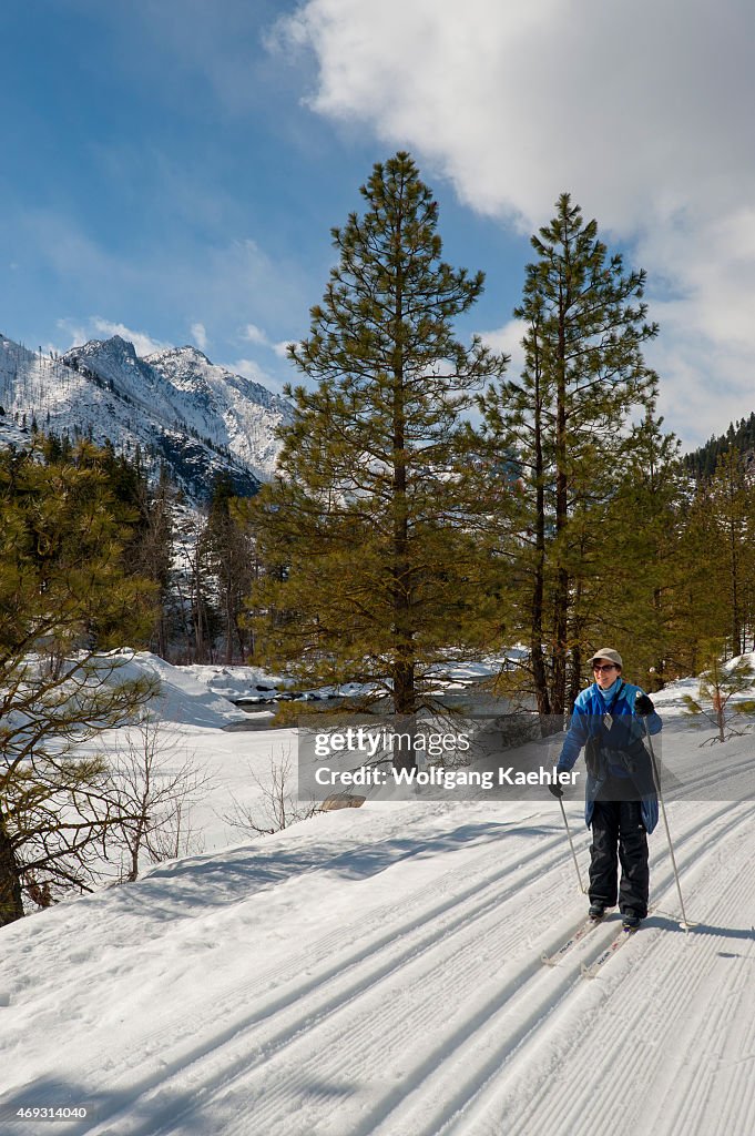 Woman (Model Release 20020923-10) cross country skiing on...