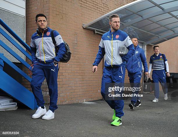 Aaron Ramsey and Alexis Sanchez of Arsenal arrive at Turf Moor Stadium before the matche between Burnley and Arsenal in the Barclays Premier League...