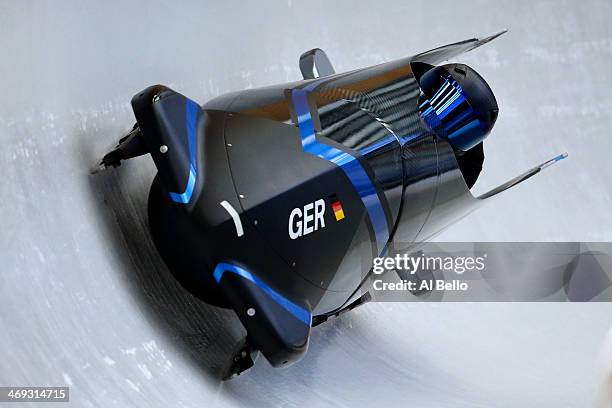 Cathleen Martini of Germany pilots a run during a Women's Bobsleigh training session on day 7 of the Sochi 2014 Winter Olympics at the Sanki Sliding...