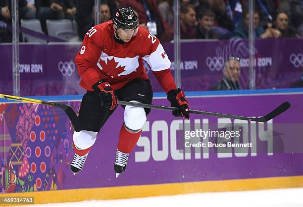 John Tavares of Canada makes a leap during the Men's Ice Hockey Preliminary Round Group B game against Norway on day six of the Sochi 2014 Winter...