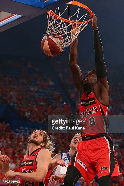 James Ennis of the Wildcats dunks the ball during the round 18 NBL match between the Perth Wildcats and the Adelaide 36ers at Perth Arena on February...