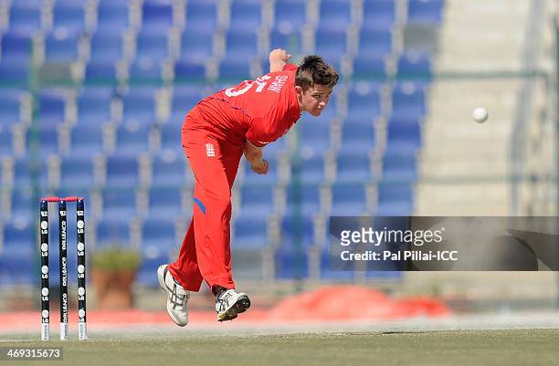 Josh Shaw of England bowls during the ICC Under-19 World Cup - 2nd Match between United Arab Emirates Under-19s and England Under-19s on February 14,...