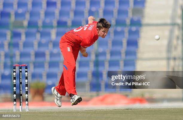 Josh Shaw of England bowls during the ICC Under-19 World Cup - 2nd Match between United Arab Emirates Under-19s and England Under-19s on February 14,...