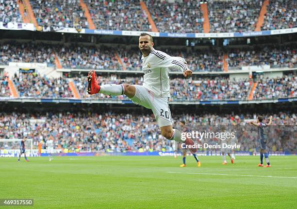 Jese Rodriguez of Real Madrid celebrates after scoring Real's 3rd goal from a free kick during the La Liga match between Real Madrid and Eibar at...