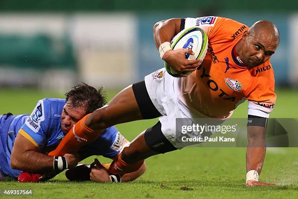 Cornal Hendricks of the Cheetahs gets tackled by Sias Ebersohn of the Force during the round nine Super Rugby match between the Force and the...