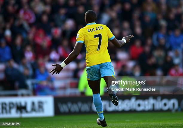 Yannick Bolasie of Crystal Palace celebrates after scoring his third goal in the second half during the Barclays Premier League match between...