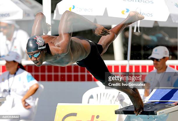 Vinicius Gabriel da Silva competes in the Men's 100m freestyle heats on day six of the Maria Lenk Swimming Trophy 2015 at Fluminense Club on April...