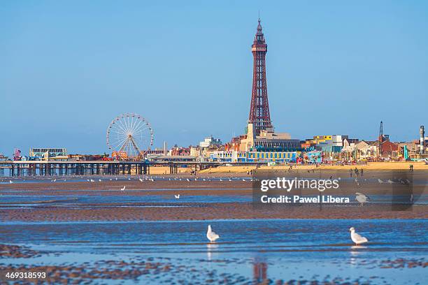 Blackpool Beach at Low Tide with Blackpool Tower in the background.