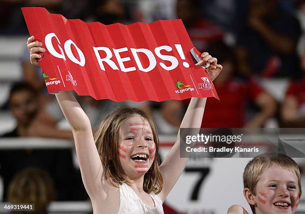 Reds fans shows her support during the Super Rugby trial match between the Queensland Reds and the Melbourne Rebels at Ballymore Stadium on February...