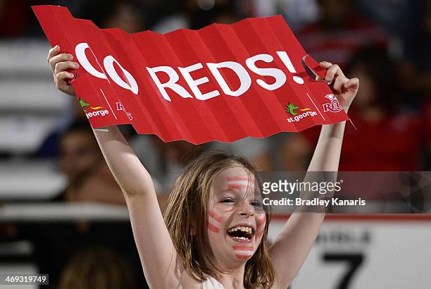 Young fan shows her support during the Super Rugby trial match between the Queensland Reds and the Melbourne Rebels at Ballymore Stadium on February...
