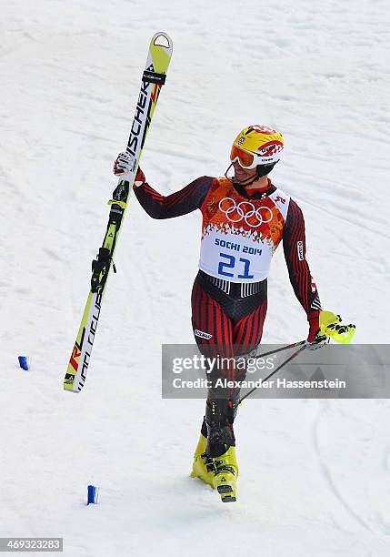 Ivica Kostelic of Croatia reacts during the Alpine Skiing Men's Super Combined Downhill on day 7 of the Sochi 2014 Winter Olympics at Rosa Khutor...