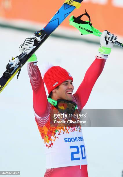 Sandro Viletta of Switzerland jubilates during the Alpine Skiing Men's Super Combined Downhill on day 7 of the Sochi 2014 Winter Olympics at Rosa...