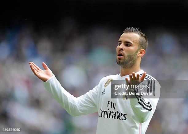 Jese Rodriguez of Real Madrid questions the linesman's call during the La Liga match between Real Madrid and Eibar at Estadio Santiago Bernabeu on...