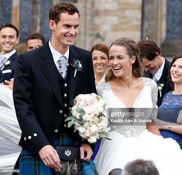 Andy Murray and Kim Sears leave Dunblane Cathedral after their wedding on April 11, 2015 in Dunblane, Scotland.