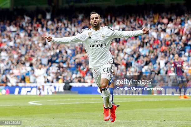 Jese Rodriguez of Real Madrid celebrates after scoring his team's third goal during the La Liga match between Real Madrid CF and Eibar at Estadio...