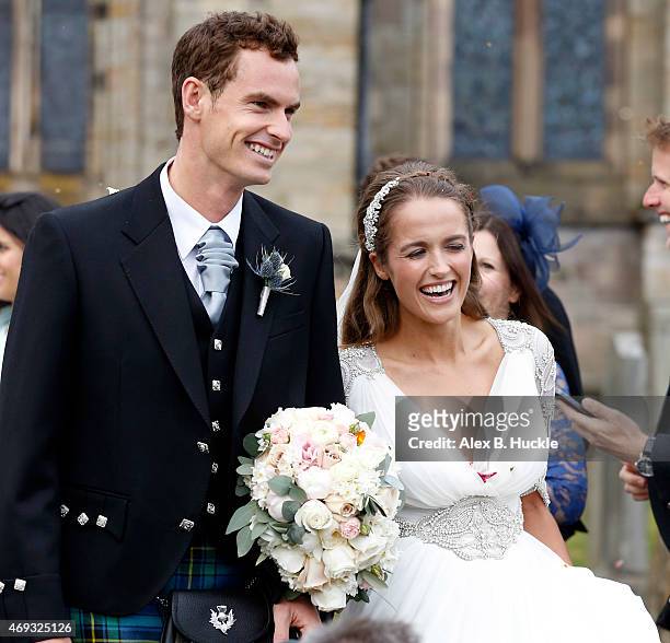 Andy Murray and Kim Sears leave Dunblane Cathedral after their wedding on April 11, 2015 in Dunblane, Scotland.