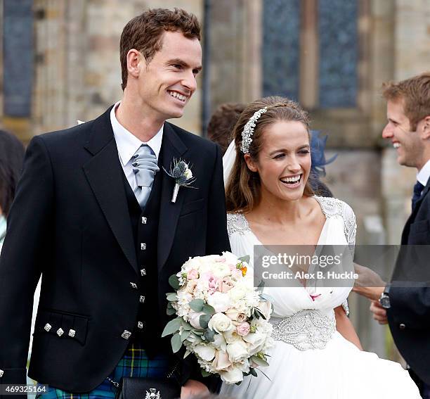 Andy Murray and Kim Sears leave Dunblane Cathedral after their wedding on April 11, 2015 in Dunblane, Scotland.