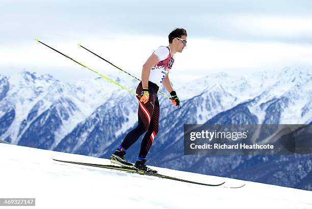 Max Hauke of Austria competes in the Men's 15 km Classic during day seven of the Sochi 2014 Winter Olympics at Laura Cross-country Ski & Biathlon...