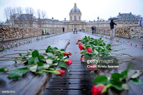 The Pont Des Arts is covered in roses to celebrate Valentine's Day on February 14, 2014 in Paris, France. The accumulation of the 'love locks', a...