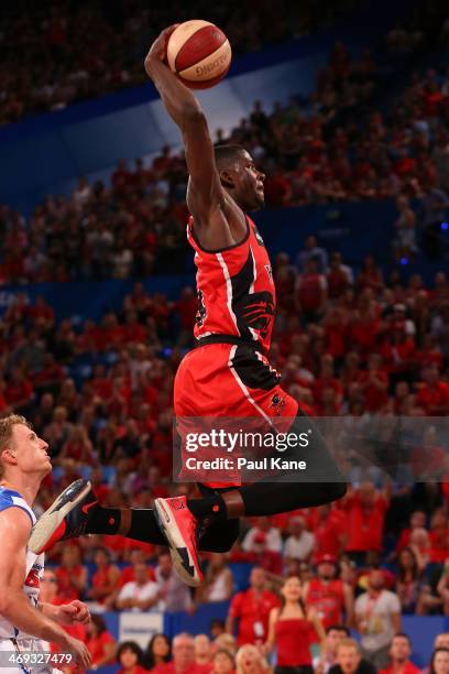 James Ennis of the Wildcats dunks the ball during the round 18 NBL match between the Perth Wildcats and the Adelaide 36ers at Perth Arena on February...