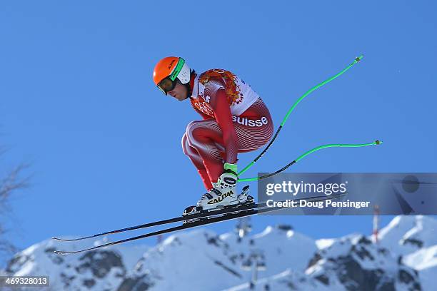 Sandro Viletta of Switzerland competes during the Alpine Skiing Men's Super Combined Downhill on day 7 of the Sochi 2014 Winter Olympics at Rosa...