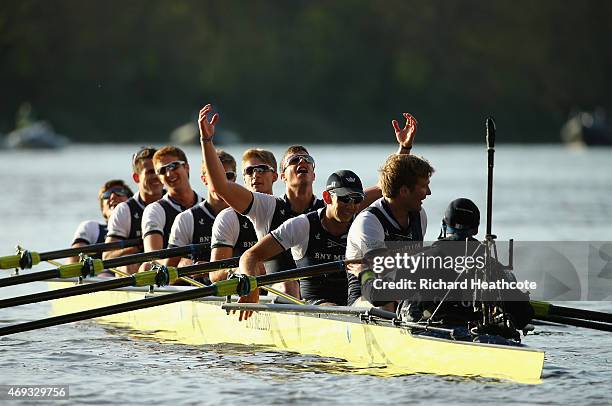 Oxford Men's team celebrate winning the BNY Mellon Oxford v Cambridge University Boat Race 2015 on April 11, 2015 in London, England.