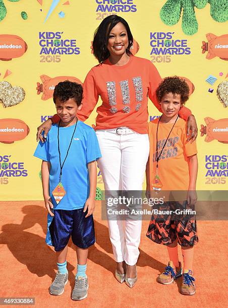 Actress Garcelle Beauvais with sons Jaid Thomas Nilon and Jax Joseph Nilon arrive at Nickelodeon's 28th Annual Kids' Choice Awards at The Forum on...