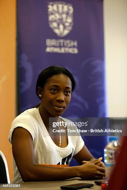 Shelley-Ann Fraser-Pryce of Jamaica talks to the press during the press conference prior to the Sainsbury's Indoor Grand Prix at the Crowne Plaza...