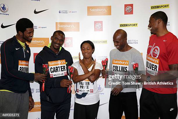 Richard Brown of the USA, Nesta Carter of Jamaica, Shelley-Ann Fraser-Pryce of Jamaica, Kim Collins of St Kitts and Nevis and David Oliver of the USA...