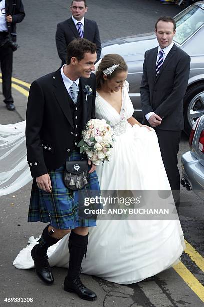 British tennis player Andy Murray and his new wife Kim Sears leave Dunblane Cathedral in Dunblane on April 11, 2015. Tennis ace Andy Murray married...