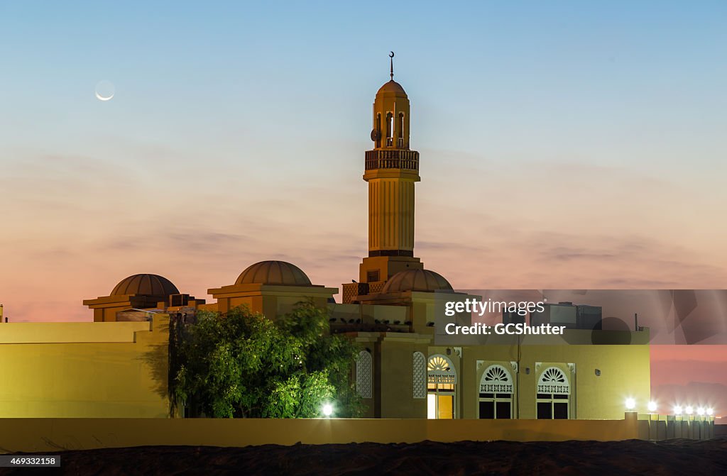 Mosque at Sunrise in Hatta Desert, Dubai
