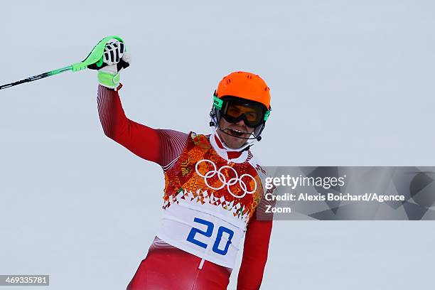 Sandro Viletta of Switzerland wins the gold medal during the Alpine Skiing Men's Super Combined at the Sochi 2014 Winter Olympic Games at Rosa Khutor...