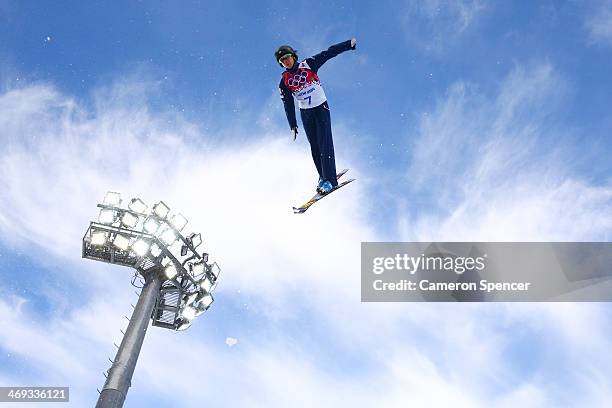 Emily Cook of the United States practices before the Freestyle Skiing Ladies' Aerials Qualification on day seven of the Sochi 2014 Winter Olympics at...
