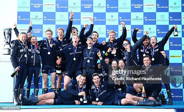 Oxford's Men's and Women's blue boats celebrate victory after the BNY Mellon University Boat Race and the Newton Women's Boat Race on The River...