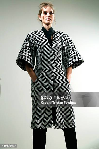 Model is seen during the Haizhen Wang presentation at London Fashion Week AW14 at Somerset House on February 14, 2014 in London, England.