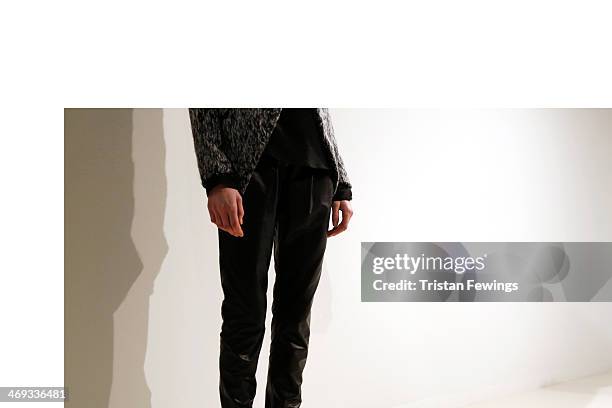 Model is seen during the Haizhen Wang presentation at London Fashion Week AW14 at Somerset House on February 14, 2014 in London, England.