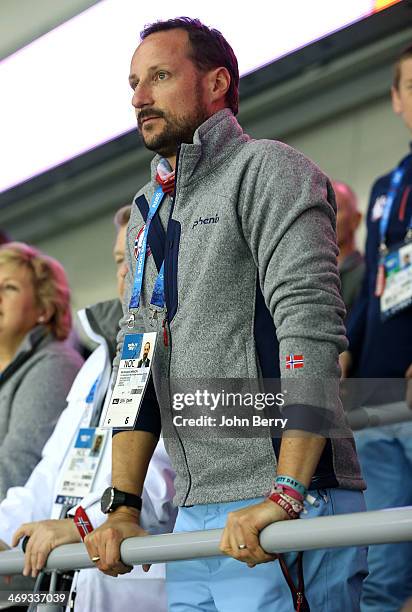 Crown Prince Haakon of Norway attends the Men's Ice Hockey Preliminary Round Group B game between Norway and Canada on day 6 of the Sochi 2014 Winter...